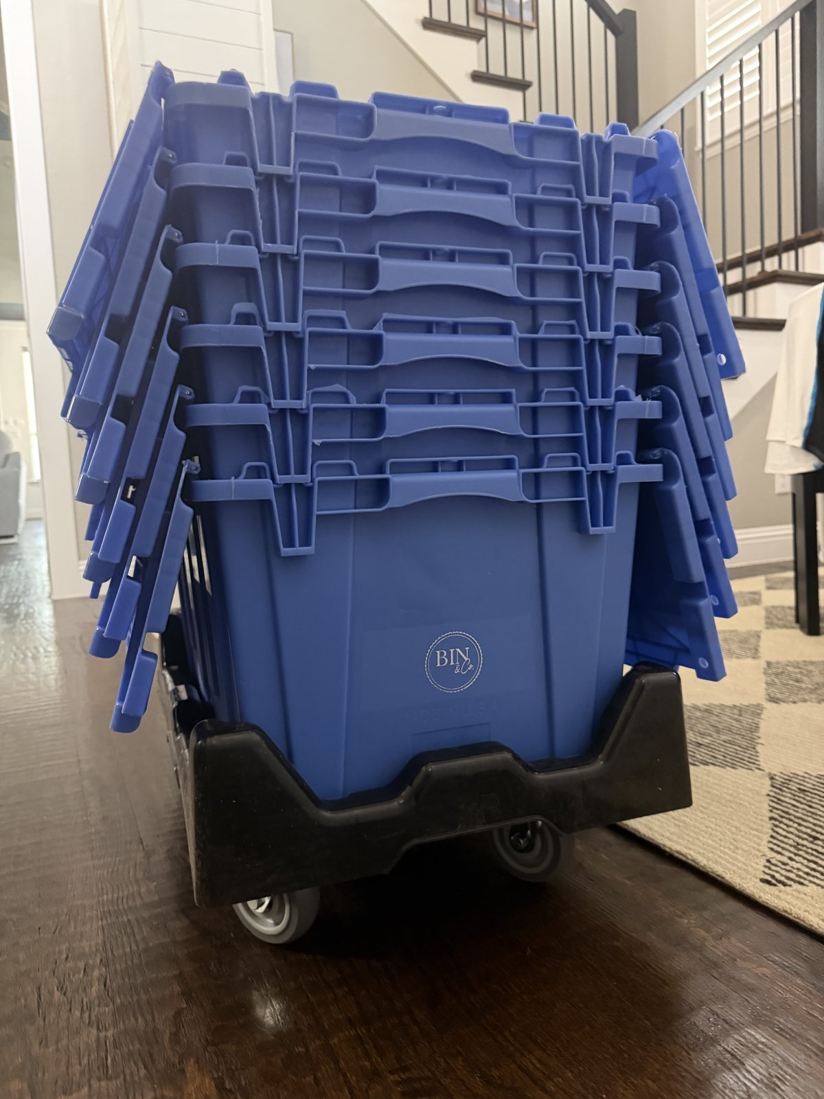 Close-up of Bin & Co. attached lids on stacked crates