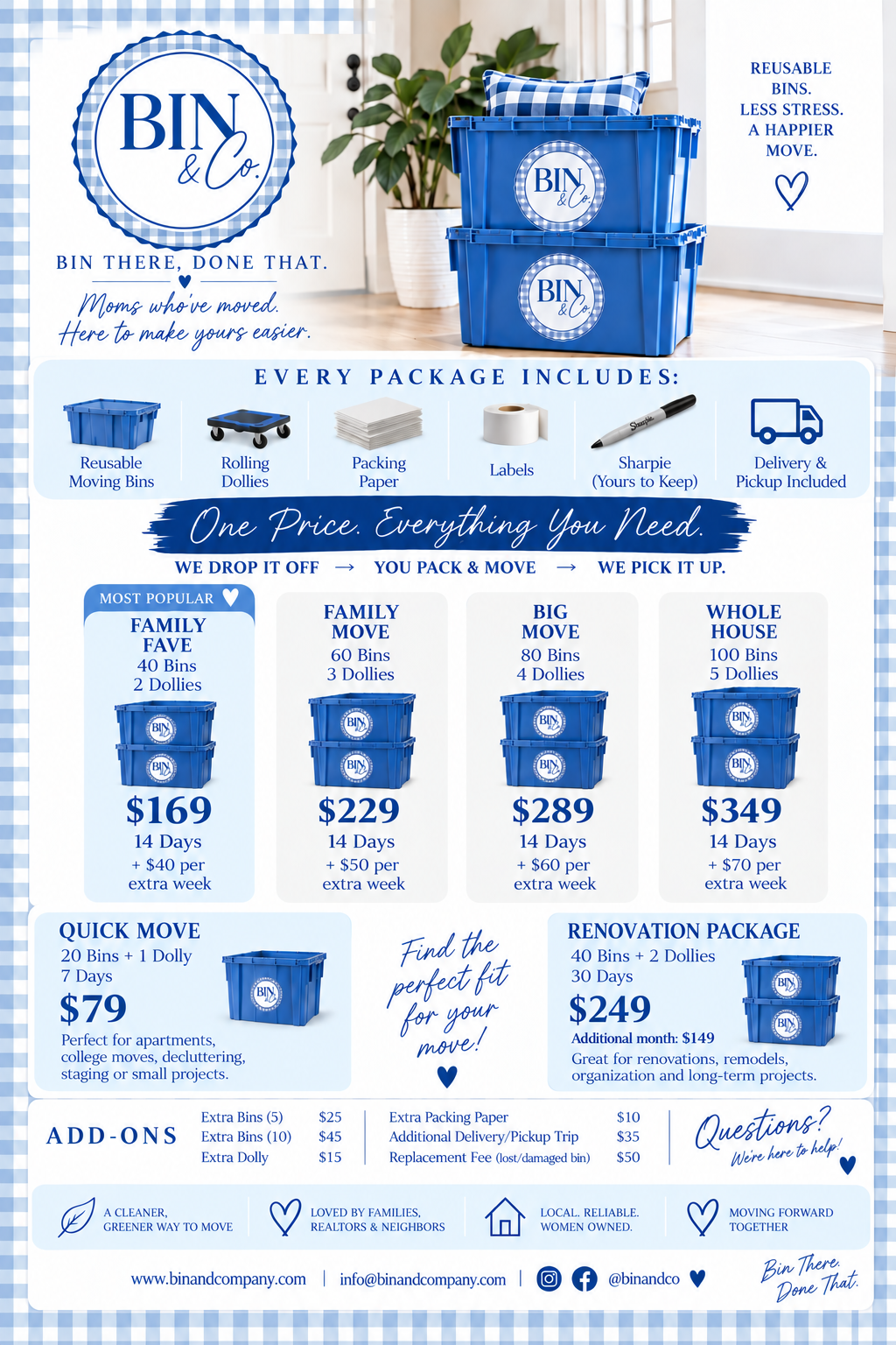 Bin & Co. pricing packages: Quick Move, Family Fave, Family Move, Big Move, Whole House, and Renovation Package, with add-on pricing